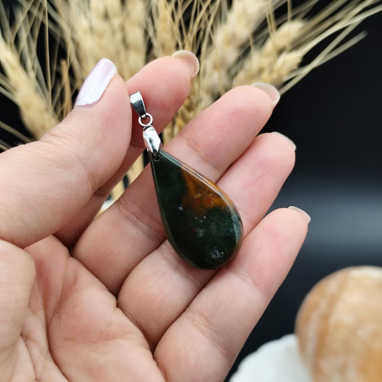 گردنبند عقیق شجر خزه ای اصل طبیعی 8151 _ گیره استیل رنگ ثابت