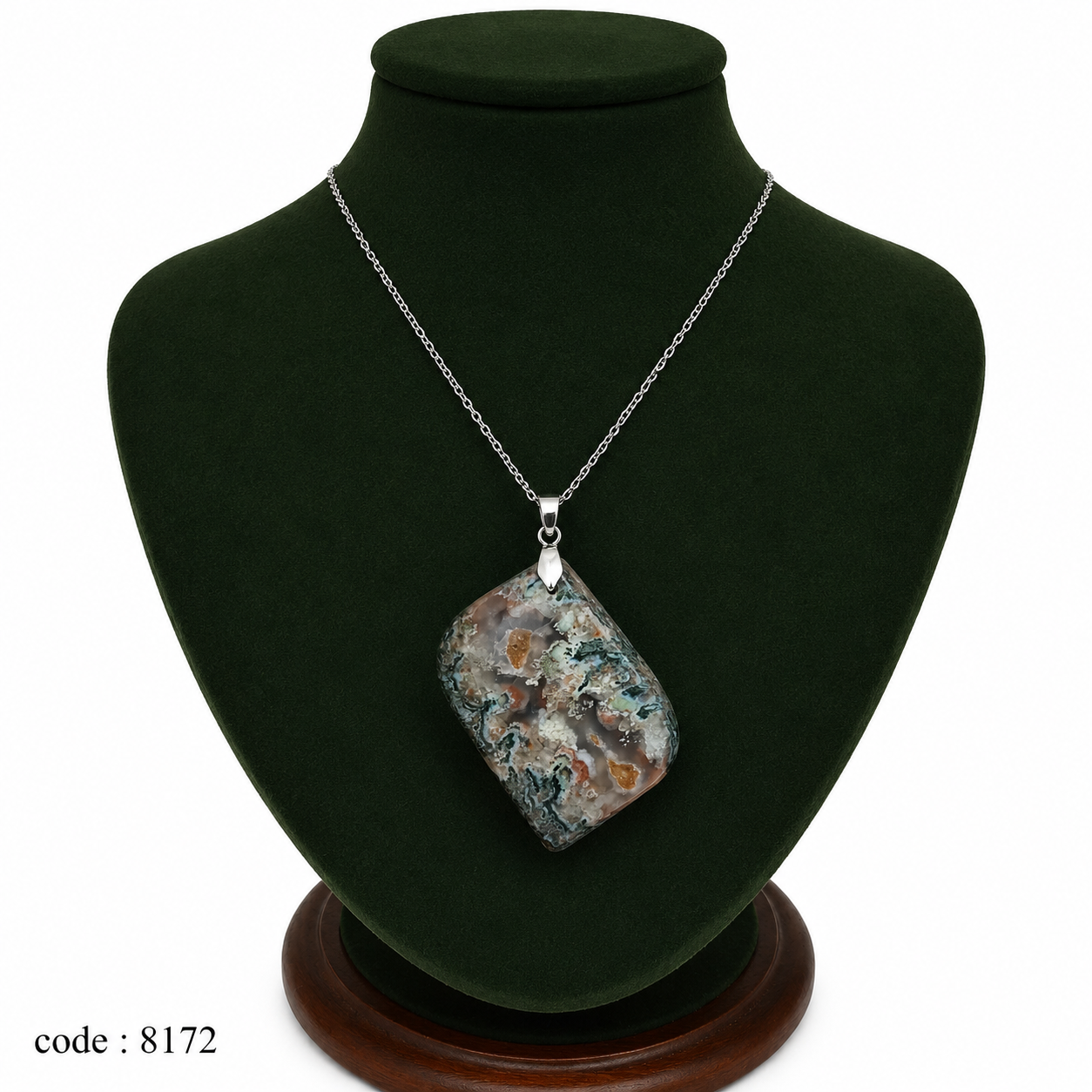 گردنبند عقیق شجر خزه ای اصل طبیعی 8172 _ گیره استیل رنگ ثابت